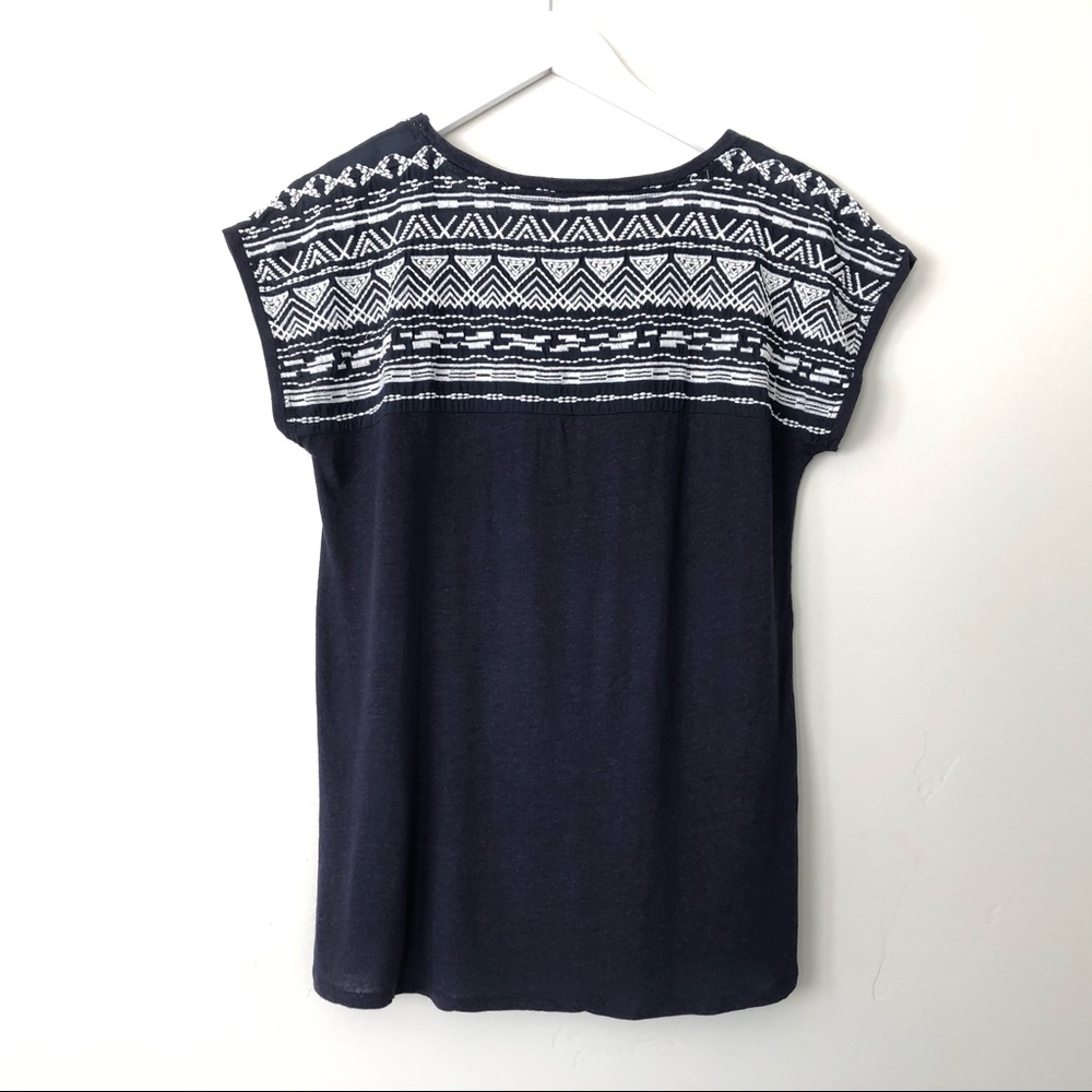 ESPRIT Aztec Embroidered Cotton Blend Cap Sleeve Tee Top Navy White Sz XS - Picture 7 of 10